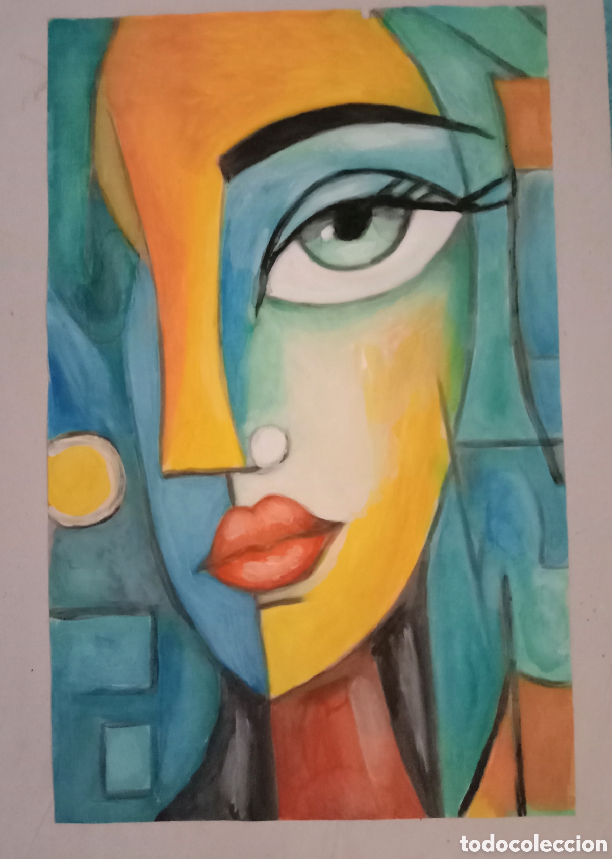 Art: Original pintura cara abstracta (51) (t&eacute;cnica mixta) acuarela y acr&iacute;lico sobre papel cart&oacute;n doble...