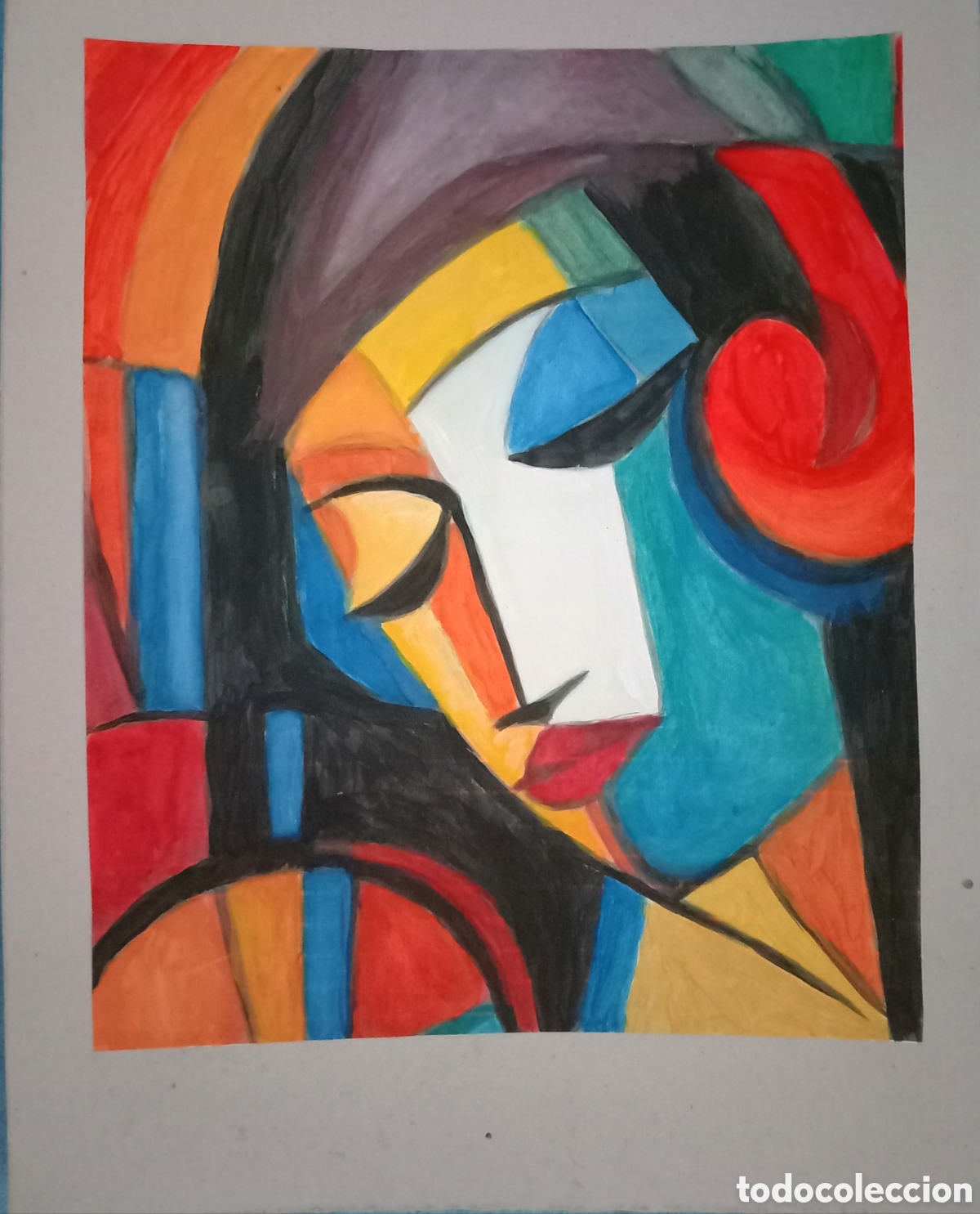 Arte: Original pintura cara abstracta (55) (t&eacute;cnica mixta) acuarela y acr&iacute;lico sobre papel cart&oacute;n doble...
