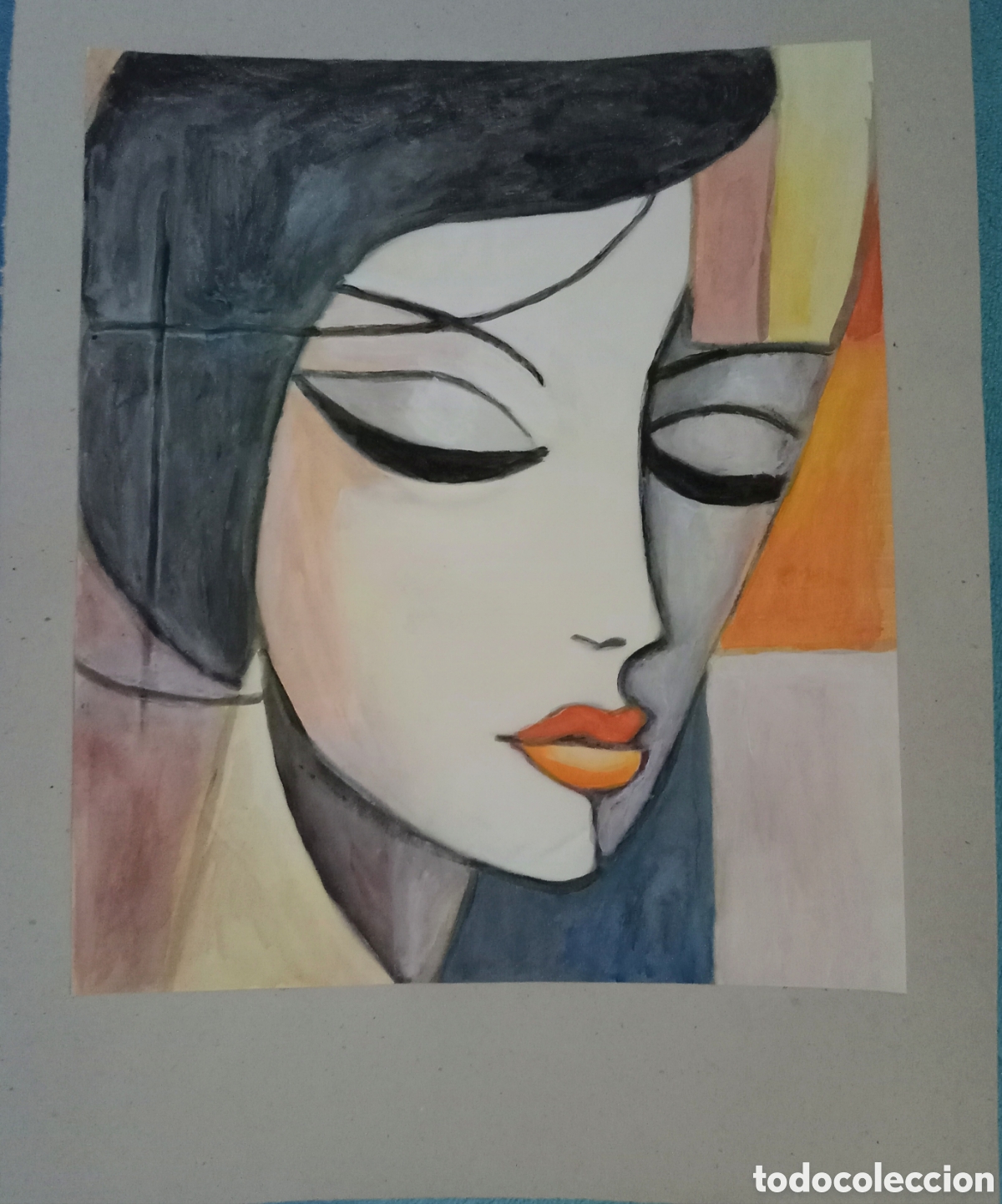 Arte: Original pintura cara abstracta (58) (t&eacute;cnica mixta) acuarela y acr&iacute;lico sobre papel cart&oacute;n doble...