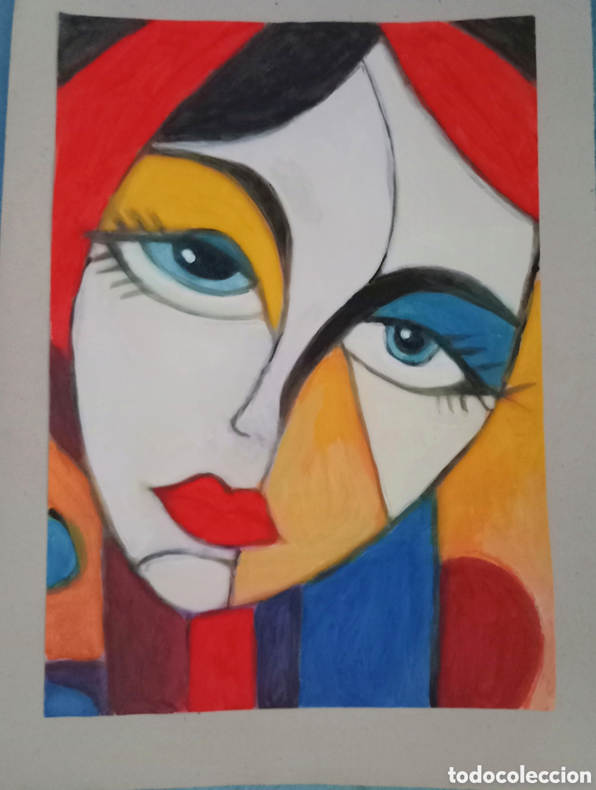 Arte: Original pintura cara abstracta (61) (t&eacute;cnica mixta) acuarela y acr&iacute;lico sobre papel cart&oacute;n doble...