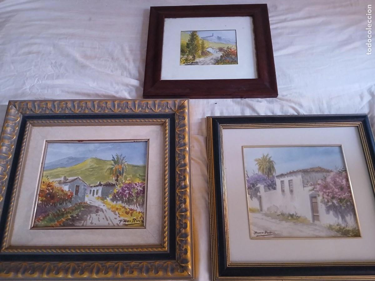 Arte: Antiguo lote cuadro del pintor canario Paco Ruiz tem&aacute;tica rupestre casa t&iacute;pica canaria 28 &euro; unidad