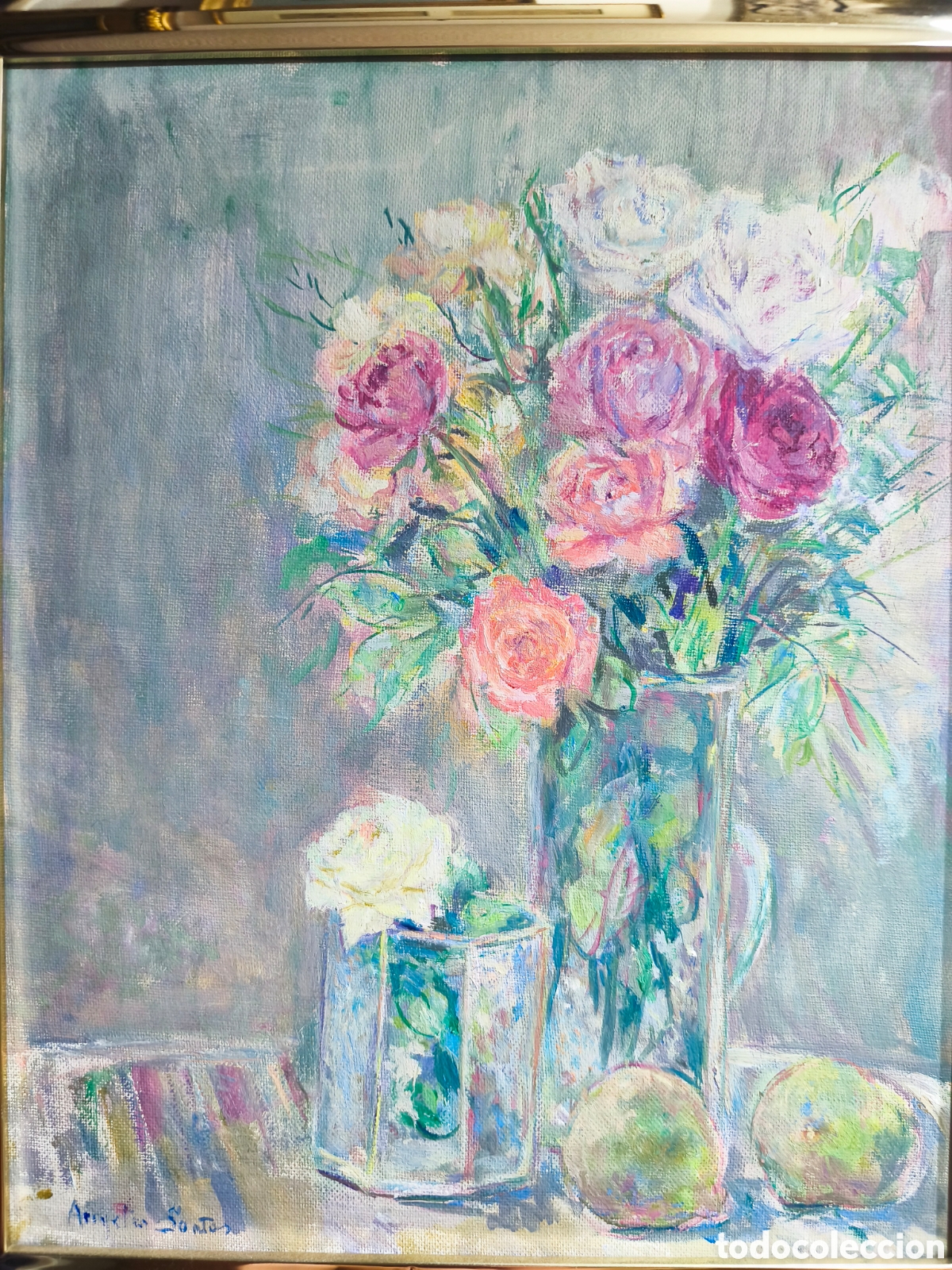 Art: &Aacute;NGELES SANTOS TORROELLA. LIENZO. BODEGON DE FLORES Y LIMONES.