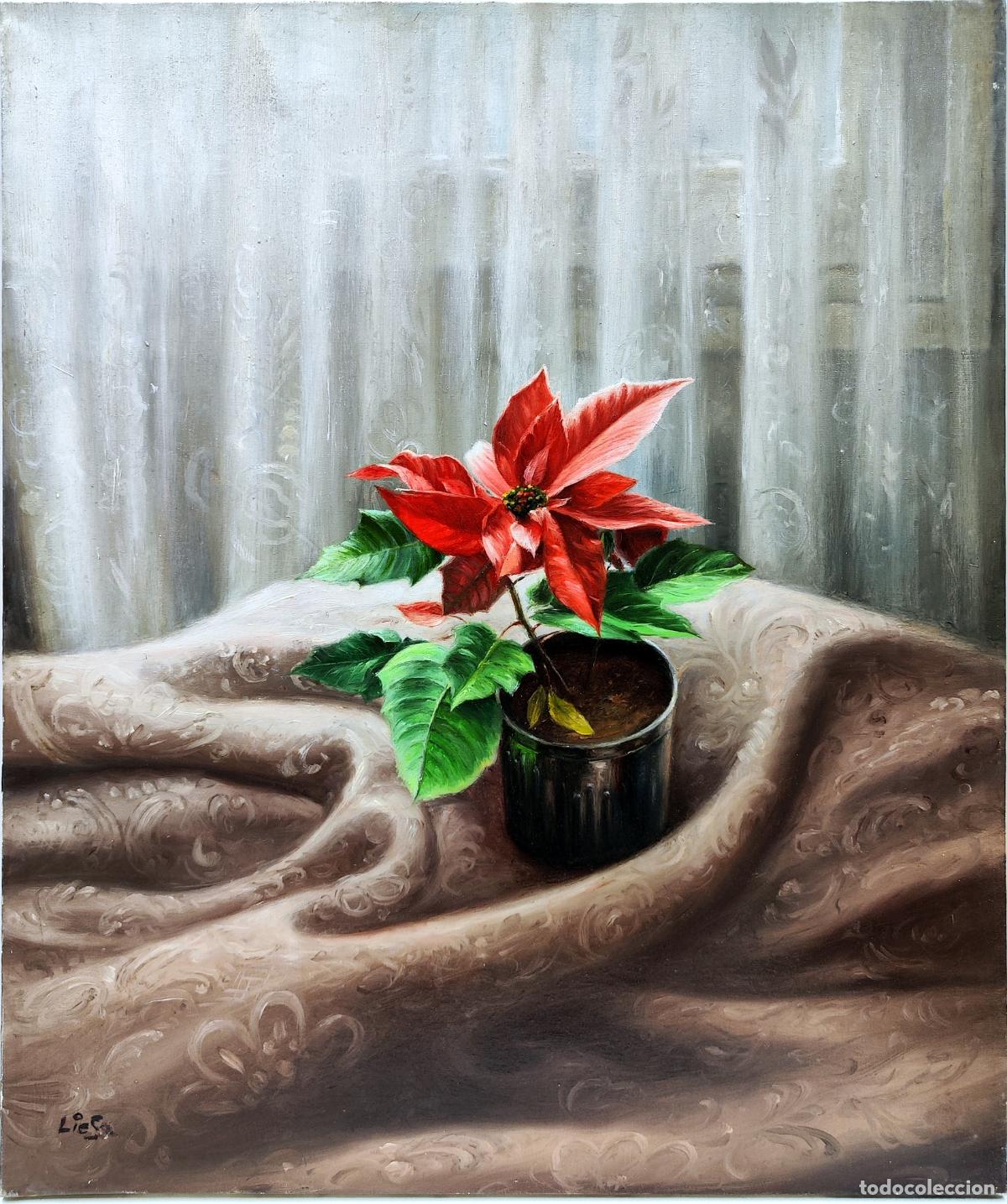 Arte: &Oacute;leo de Eduardo Lieso. Naturaleza muerta con flor. 46 x 55 cm