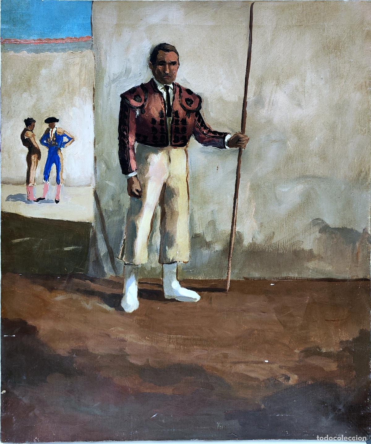 Arte: &Oacute;leo sobre lienzo. Tauromaquia. Torero con capote. An&oacute;nimo. 46x55 cm