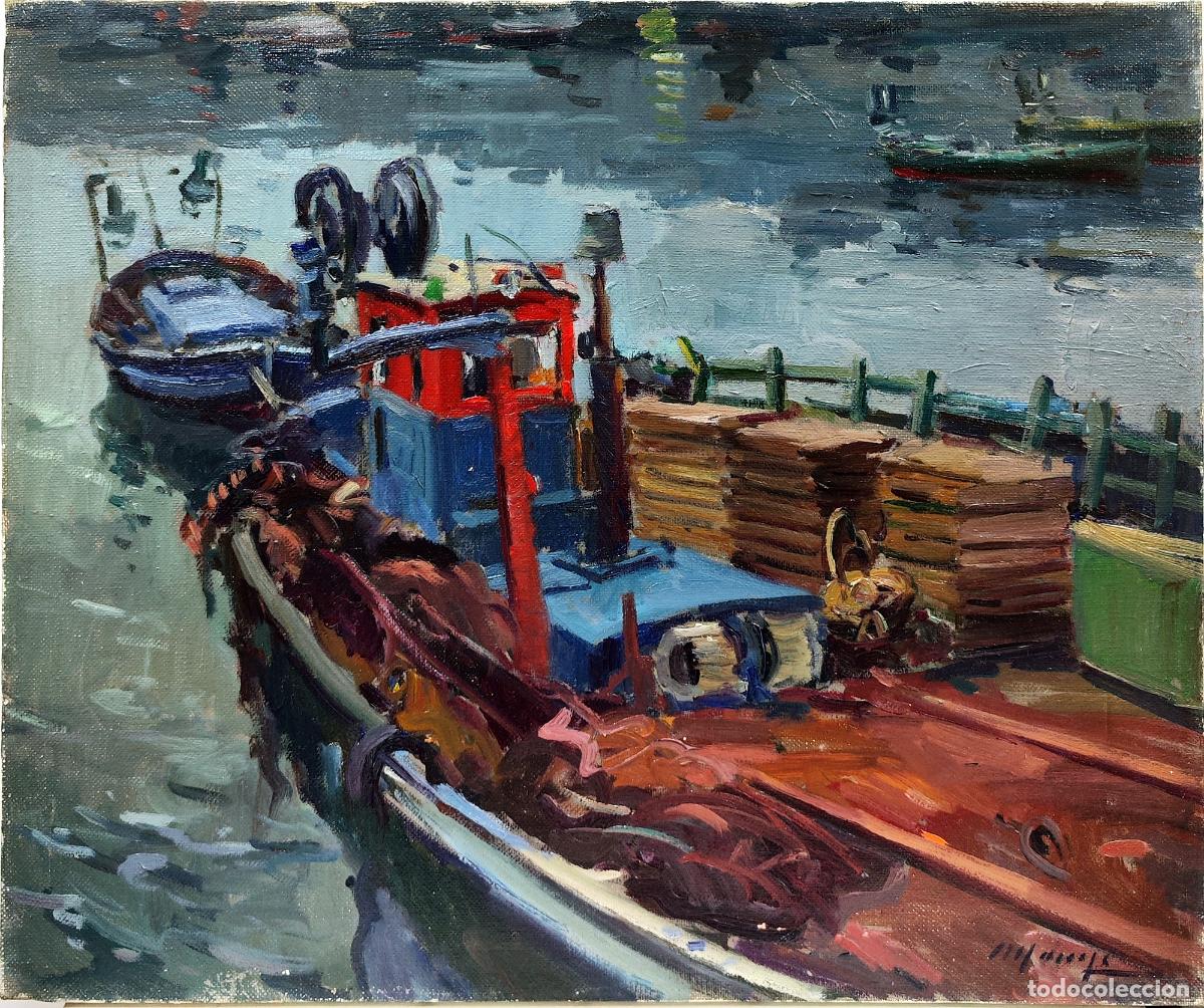 Arte: &Oacute;leo de Jaume Marin&eacute;. Barcos en puerto. 55 x 46 cm