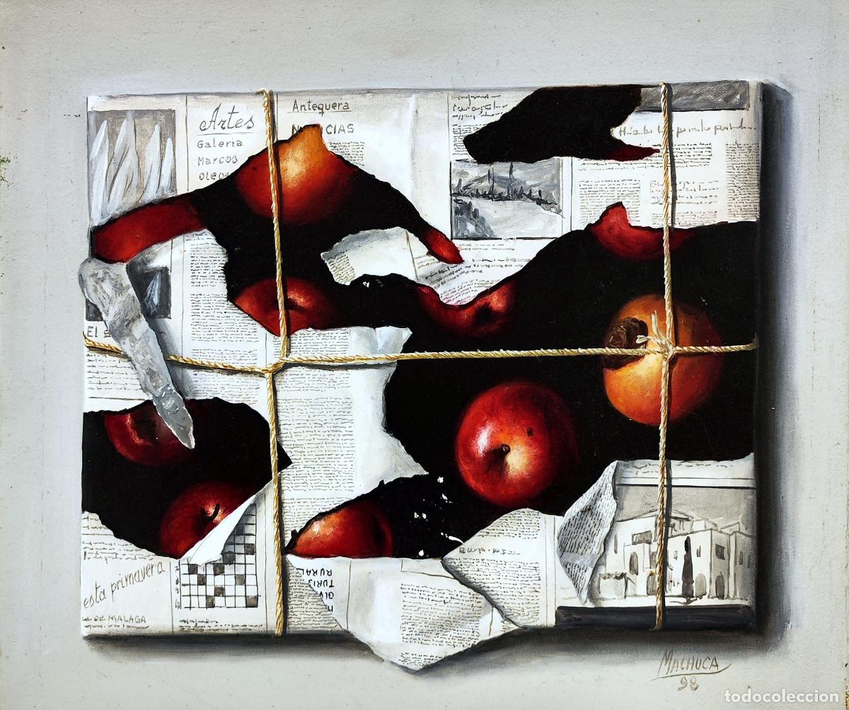 Arte: &Oacute;leo de Machuca. Naturaleza muerta con collage y cuerda. 55 x 46 cm