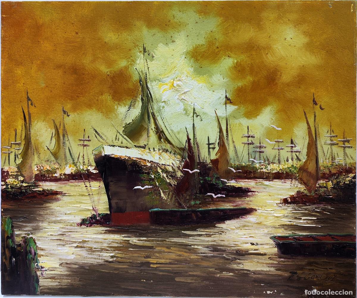 Arte: &Oacute;leo de Juan Escoda Corominas. Puerto con barcos. 55 x 46 cm