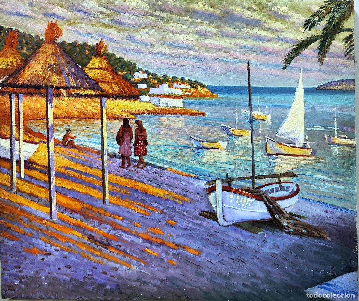 Arte: &Oacute;leo de playa y embarcaciones. Atribuido a Zafrilla. 55 x 46 cm