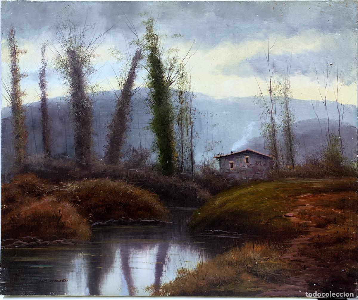 Arte: &Oacute;leo de D&iacute;az de Cereo. Paisaje con casa y r&iacute;o. 55 x 46 cm