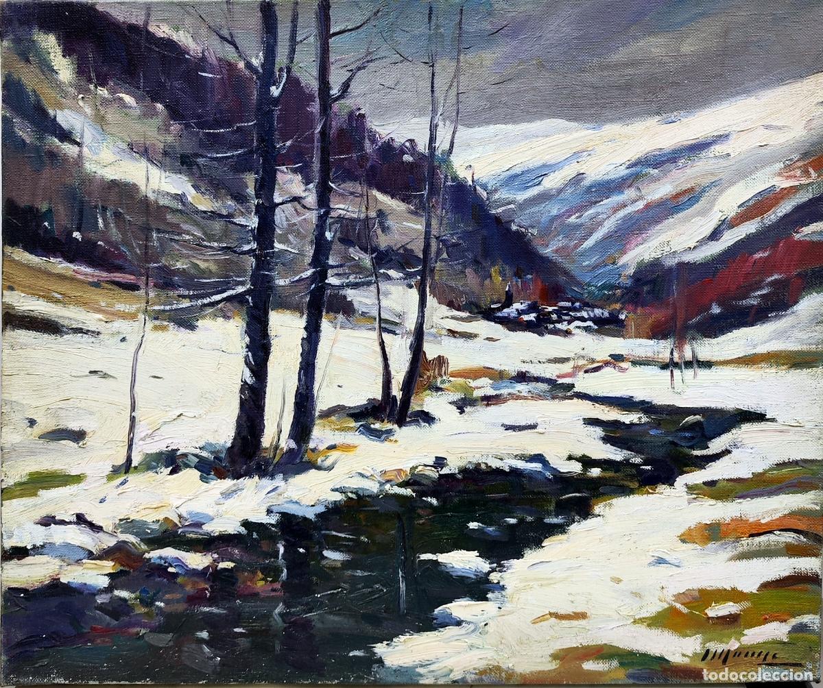 Arte: &Oacute;leo de Jaume Marin&eacute;. Paisaje invernal con arroyo. 55 x 46 cm