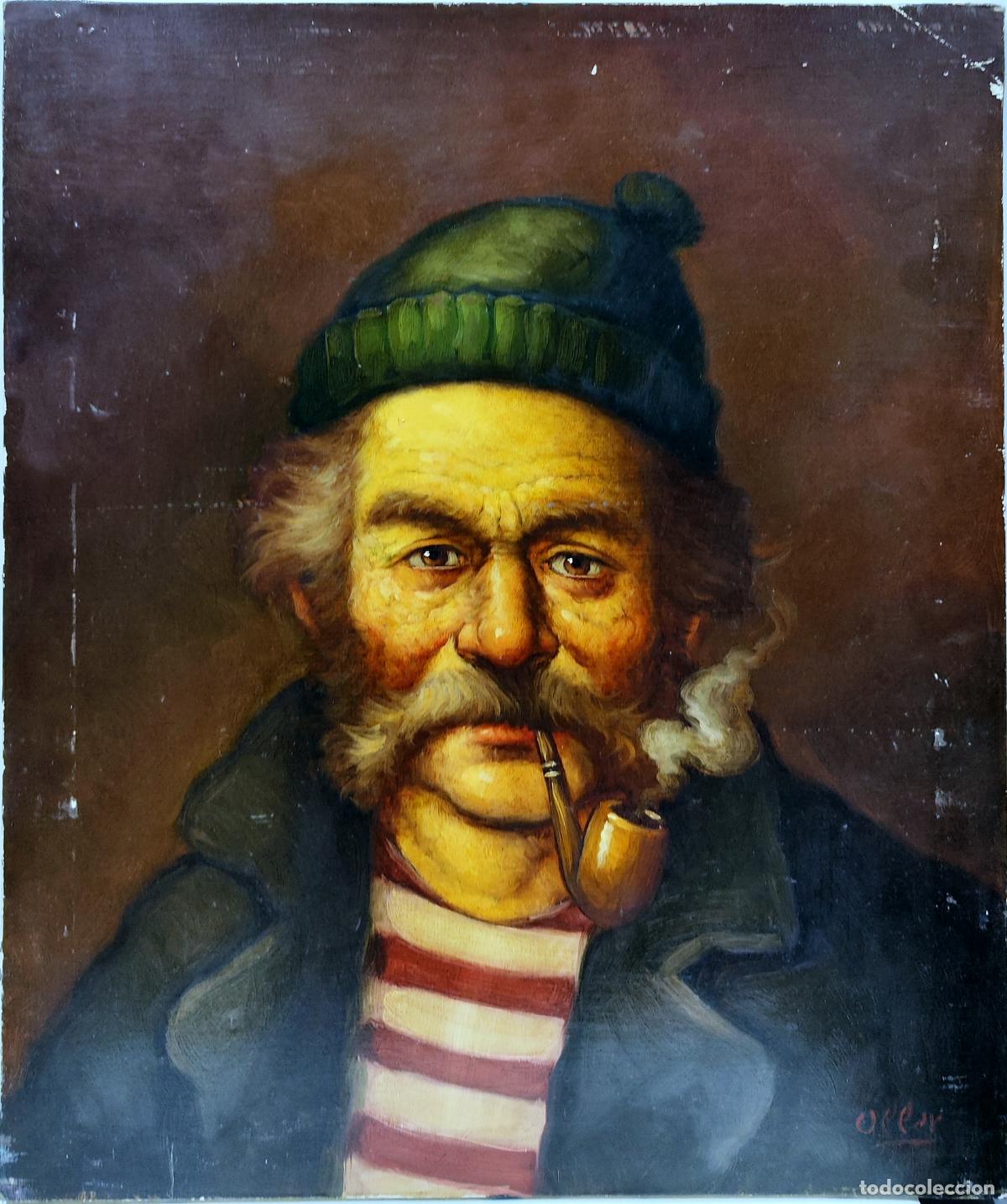 Arte: &Oacute;leo de Oller. Retrato de anciano fumando pipa. 46 x 55 cm