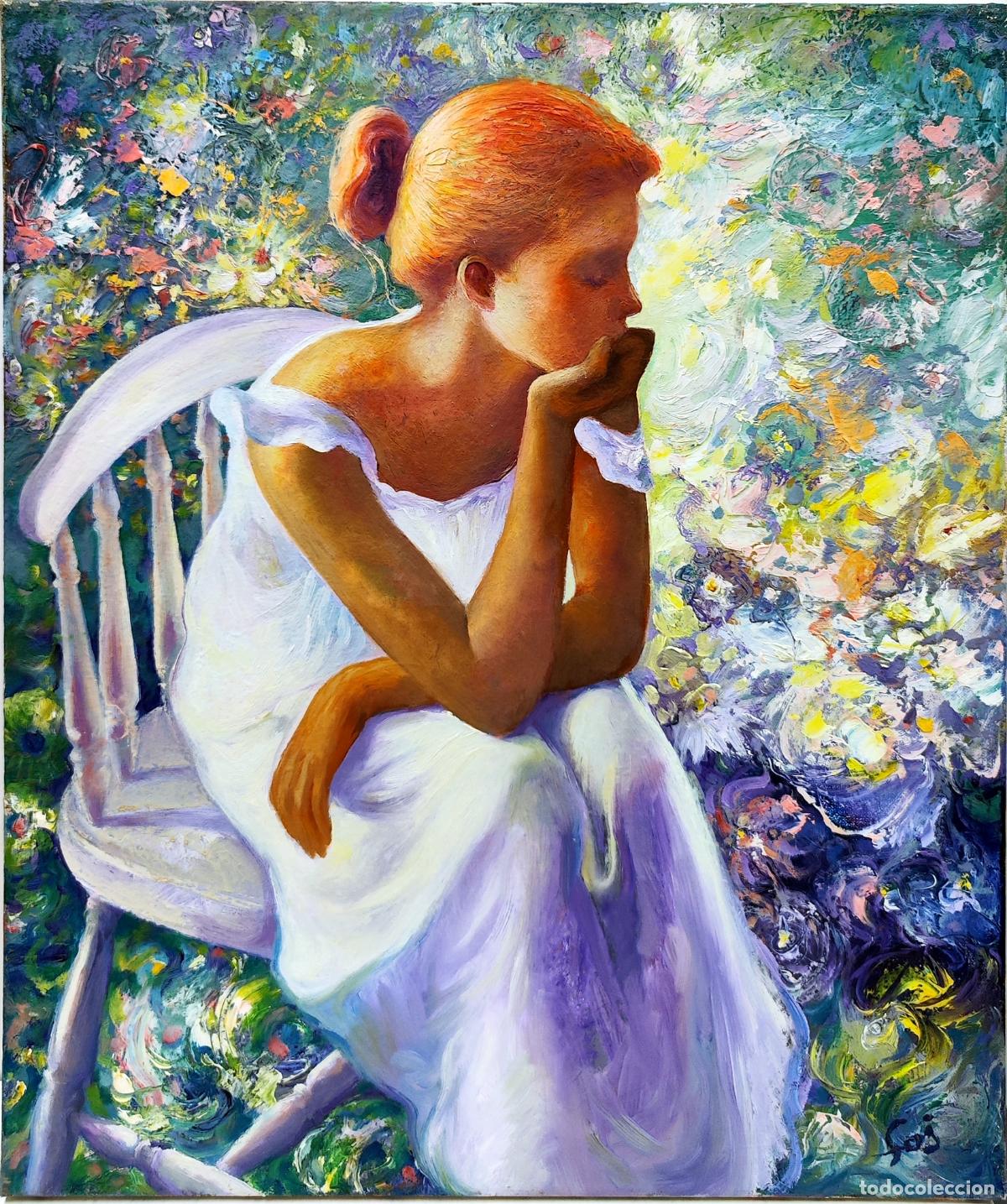 Arte: &Oacute;leo de Enric Montserrat Foj. Mujer en jard&iacute;n. 46 x 55 cm