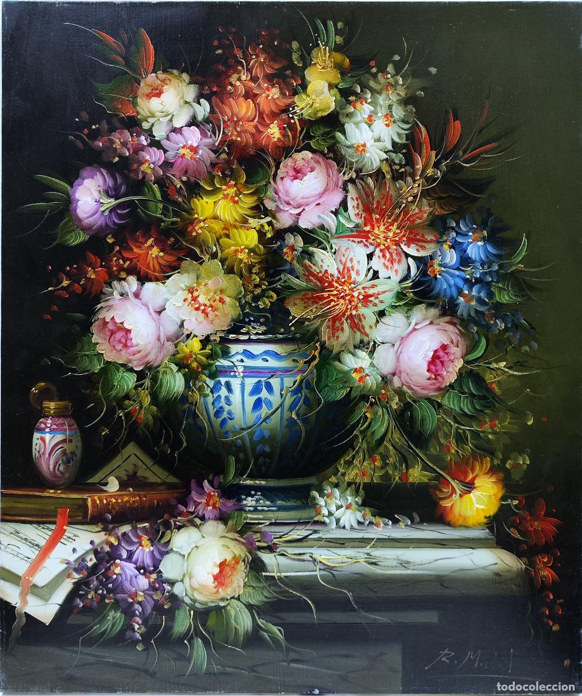 Arte: &Oacute;leo de R Michael. Naturaleza muerta con flores. 46 x 55 cm