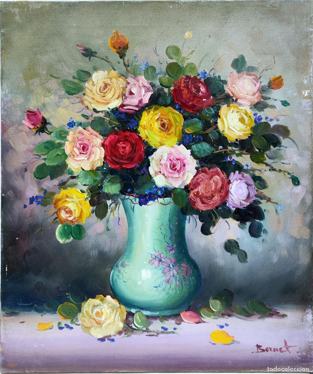 Arte: &Oacute;leo sobre lienzo. Ramo de rosas. Bernet. 46 x 55 cm