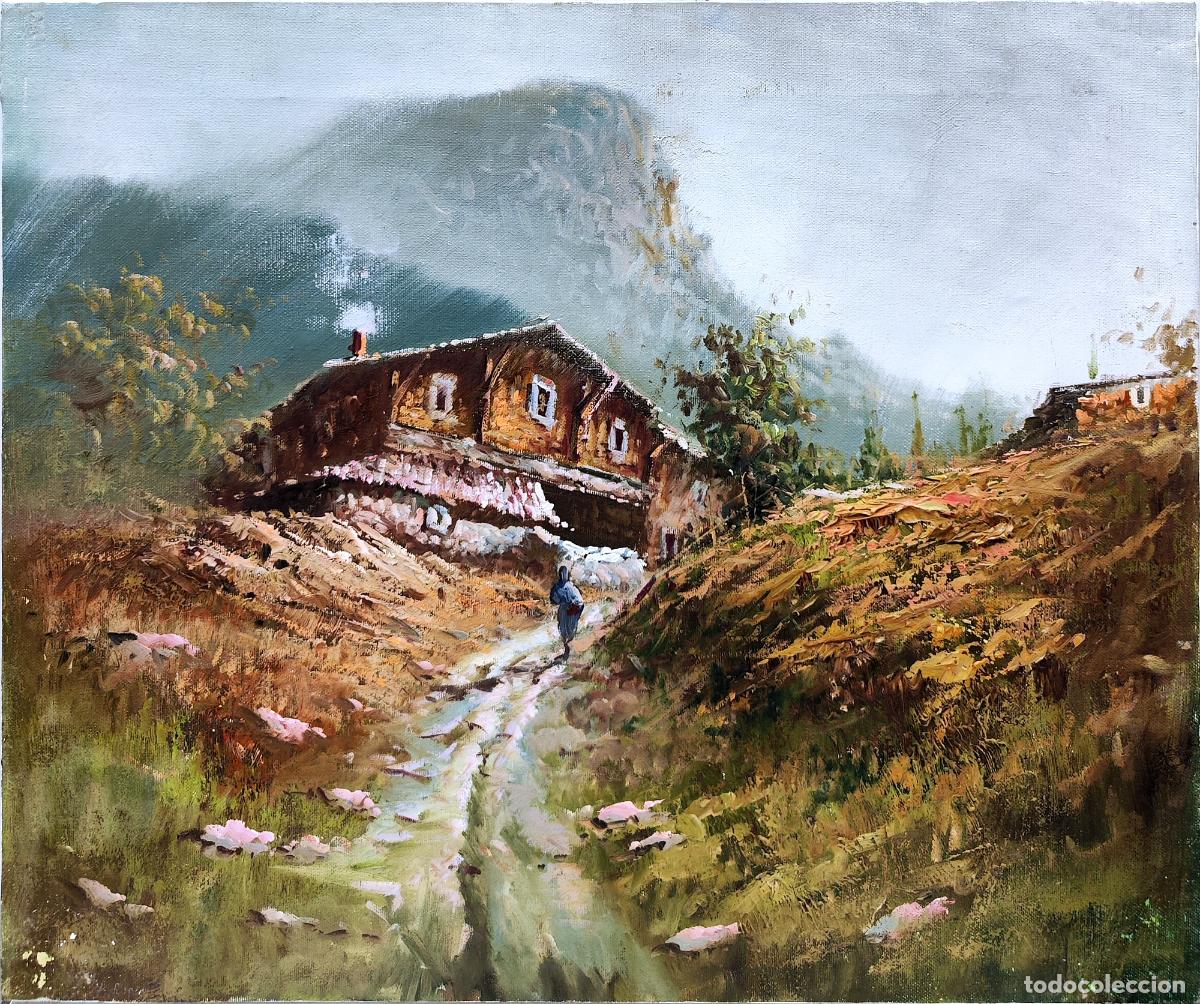 Arte: &Oacute;leo sobre lienzo. Paisaje rural con caba&ntilde;a y ganado. An&oacute;nimo. 55x46 cm