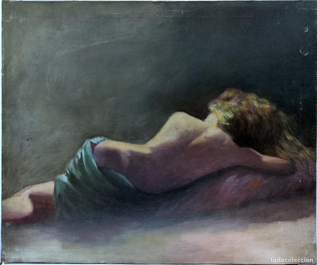 Arte: &Oacute;leo sobre lienzo. Mujer recostada. An&oacute;nimo. 55 x 46 cm