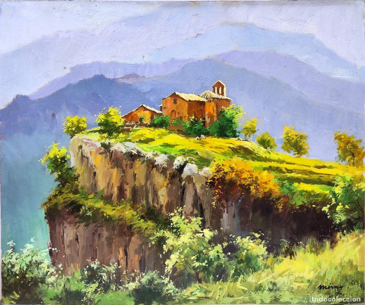 Arte: &Oacute;leo sobre tabla. Paisaje rural. Firmado Mim&oacute;. 55 x 46 cm