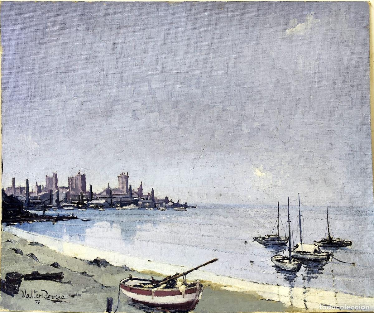 Arte: &Oacute;leo de Walter Rovira. Paisaje mar&iacute;timo con barcas. 55 x 46 cm