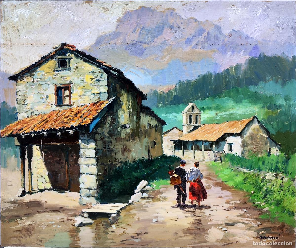 Arte: &Oacute;leo de Mim&oacute;. Paisaje rural con figuras y arquitectura tradicional.