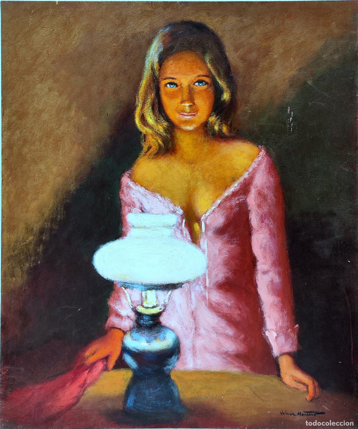 Arte: &Oacute;leo. Retrato de mujer con l&aacute;mpara. Juan Valera Montero. 46x55 cm
