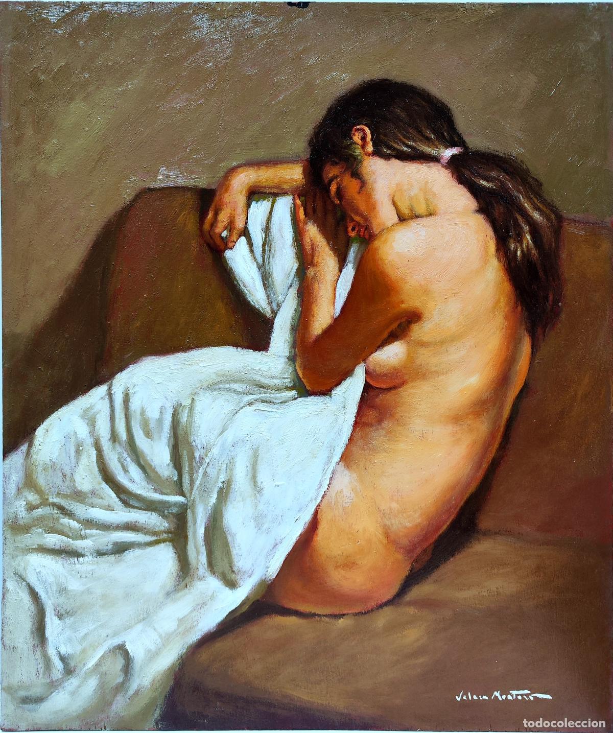 Arte: &Oacute;leo sobre lienzo. Figura femenina. Juan Valera Montero. 46 x 55 cm