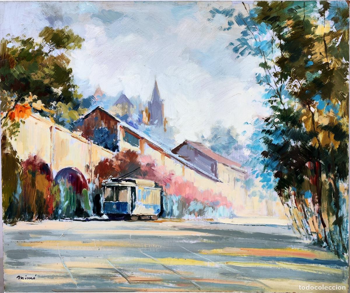 Arte: &Oacute;leo de Mim&oacute;. Calle urbana con tranv&iacute;a y arquitectura. 55 x 46 cm