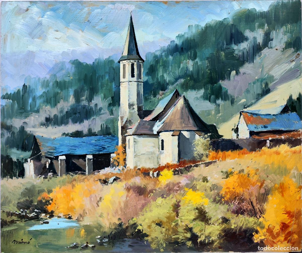 Arte: &Oacute;leo de Mim&oacute;. Paisaje rural con iglesia y r&iacute;o. 55x46 cm