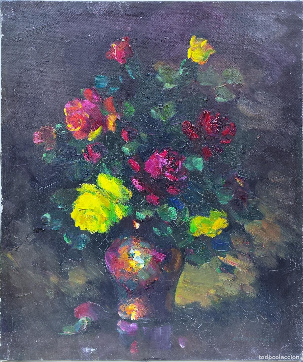Arte: &Oacute;leo sobre lienzo. Ramo de rosas. J Casaponsa. 46 x 55 cm