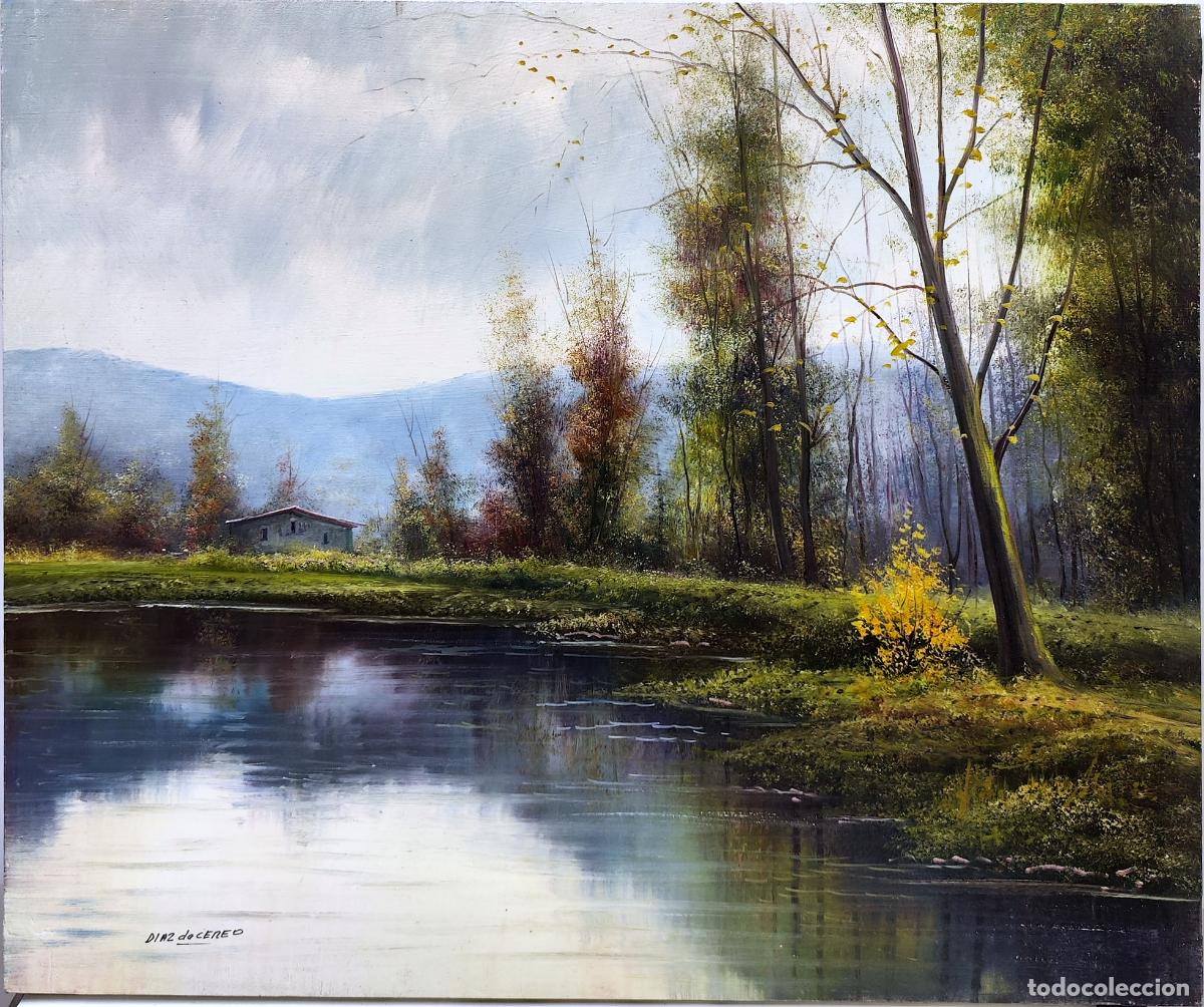 Arte: &Oacute;leo de paisaje y r&iacute;o. Firmado D&iacute;az de Cereo. 55x46 cm