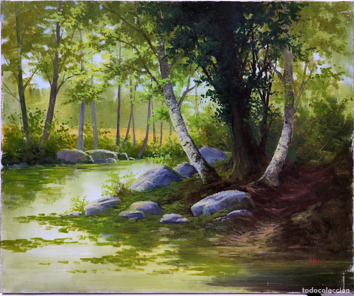 Arte: &Oacute;leo paisaje r&iacute;o y &aacute;rboles. Atribuido a Mar&iacute;a Jos&eacute; Martinez. 55 x 46 cm