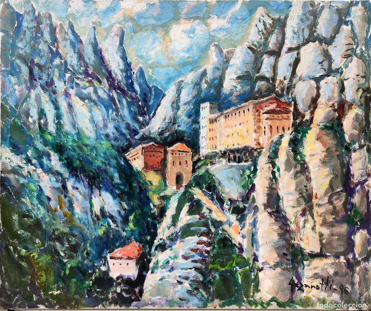 Arte: &Oacute;leo de Lazzaroti. Paisaje monta&ntilde;oso con monasterio. 55x46 cm
