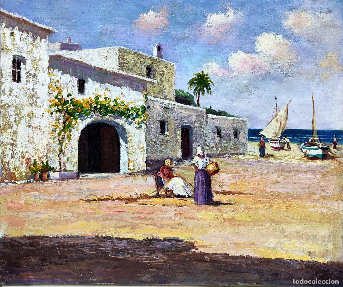 Arte: &Oacute;leo de Bernet. Paisaje mar&iacute;timo y figuras. 55 x 46 cm