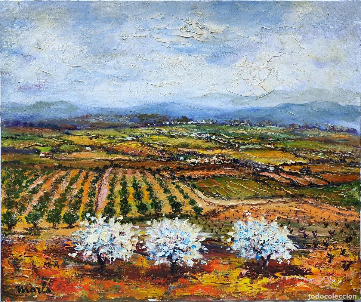 Arte: &Oacute;leo de Marla. Paisaje rural con olivos en flor. 55 x 46 cm