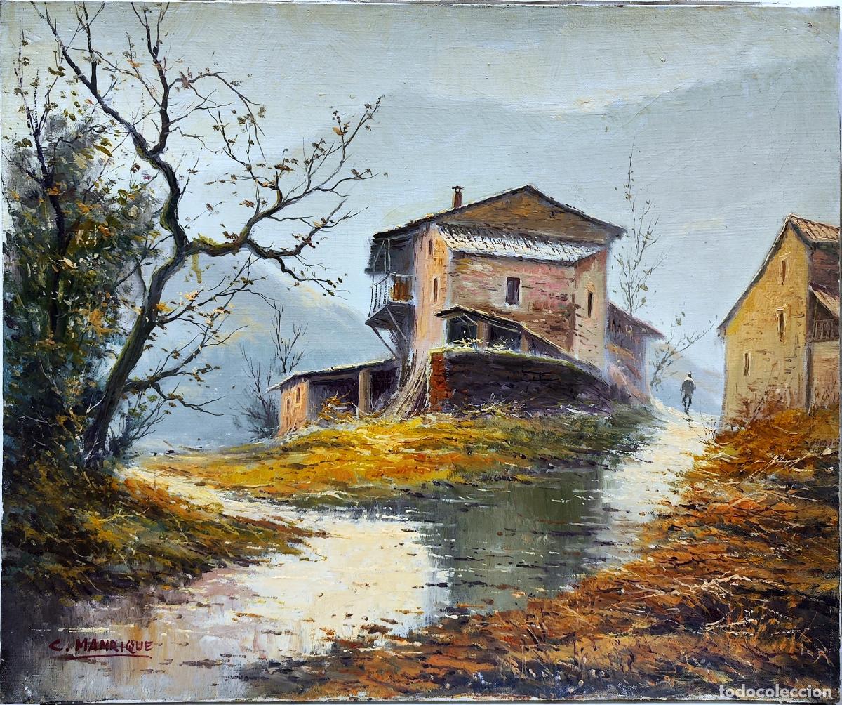 Arte: &Oacute;leo sobre tabla. Paisaje rural. C. Manrique. 55x46 cm