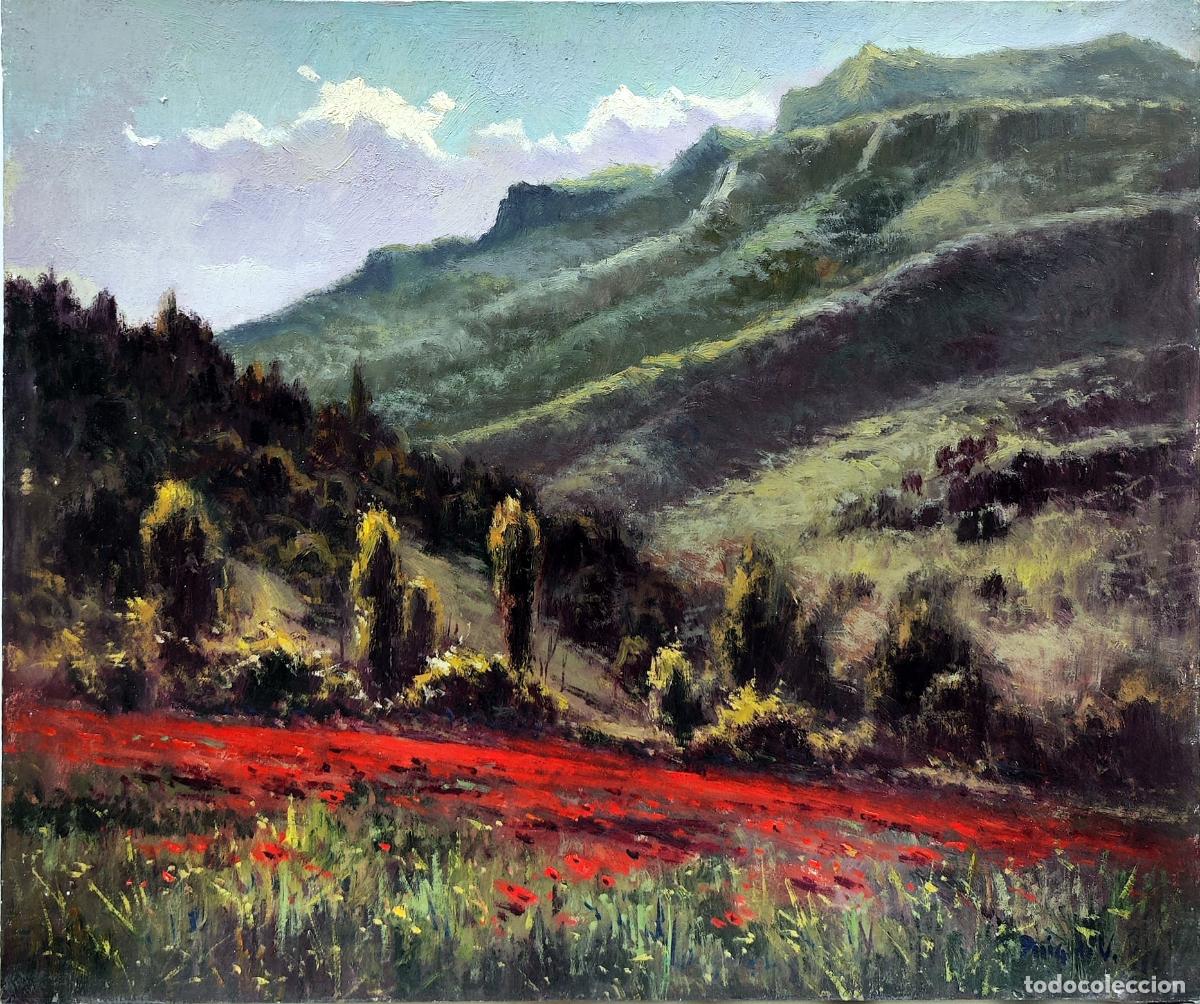 Arte: &Oacute;leo de PuigdeVall. Paisaje con amapolas y monta&ntilde;a. 55x46 cm