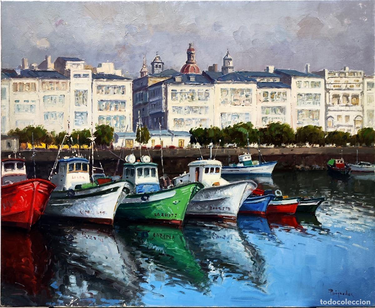 Arte: &Oacute;leo de puerto con barcas. Firmado Puiguedas. 73x60 cm