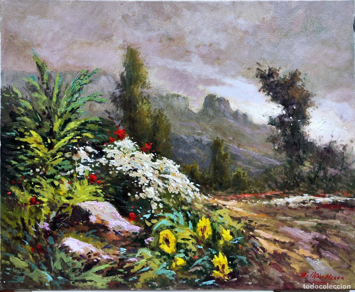 Arte: &Oacute;leo sobre lienzo. Paisaje con flores. Enric Beltr&aacute;n Messa. 73 x 60 cm