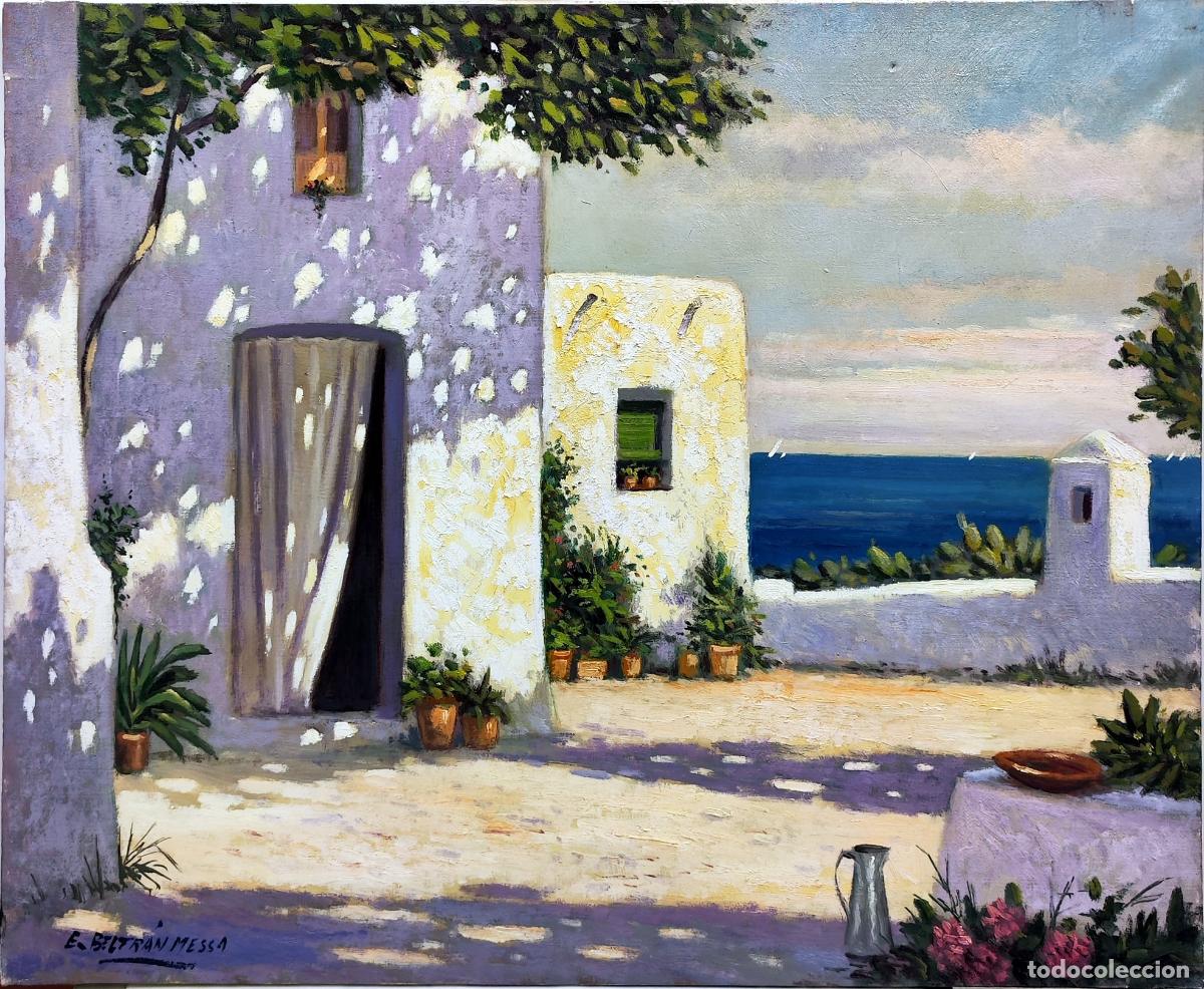 Arte: &Oacute;leo de Enric Beltr&aacute;n Messa. Patio mediterr&aacute;neo con mar. 73 x 60 cm