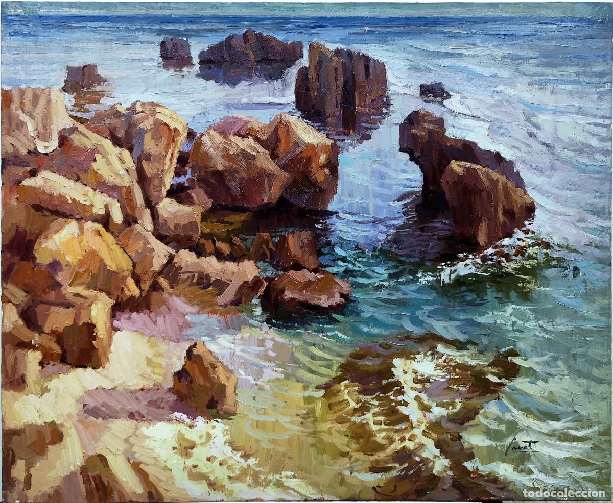 Arte: &Oacute;leo de Pep Canet. Paisaje marino con rocas. 73 x 60 cm