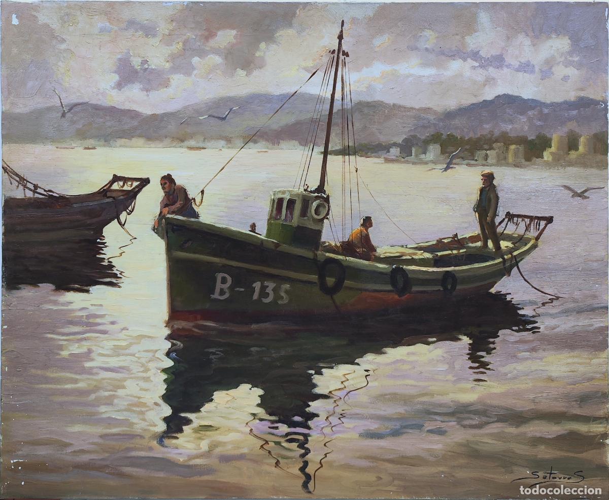Arte: &Oacute;leo de Satorres. Paisaje marino con barcos. 73 x 60 cm