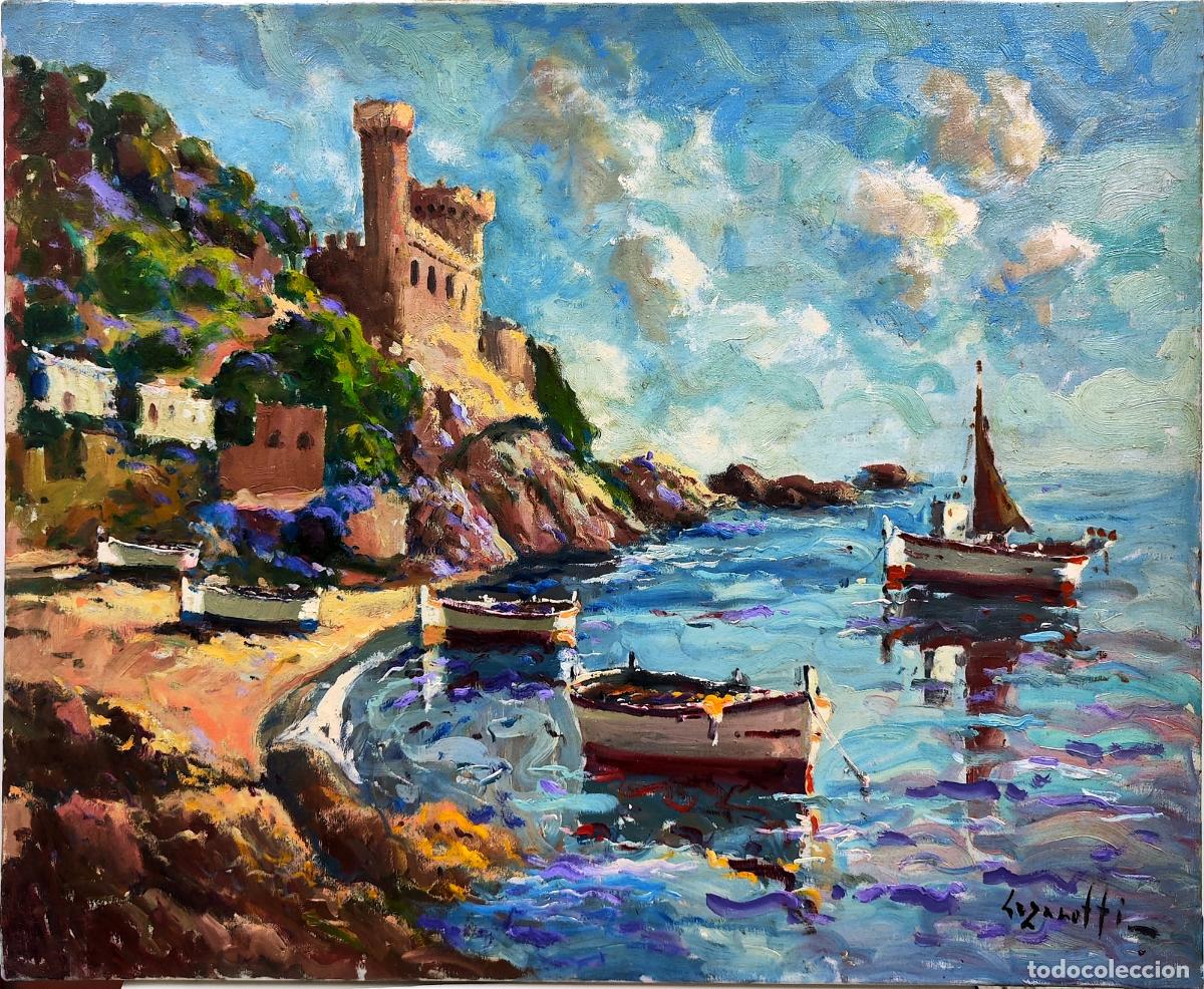 Arte: &Oacute;leo de Lazzaroti. Paisaje mar&iacute;timo con castillo y barcos. 73x60 cm