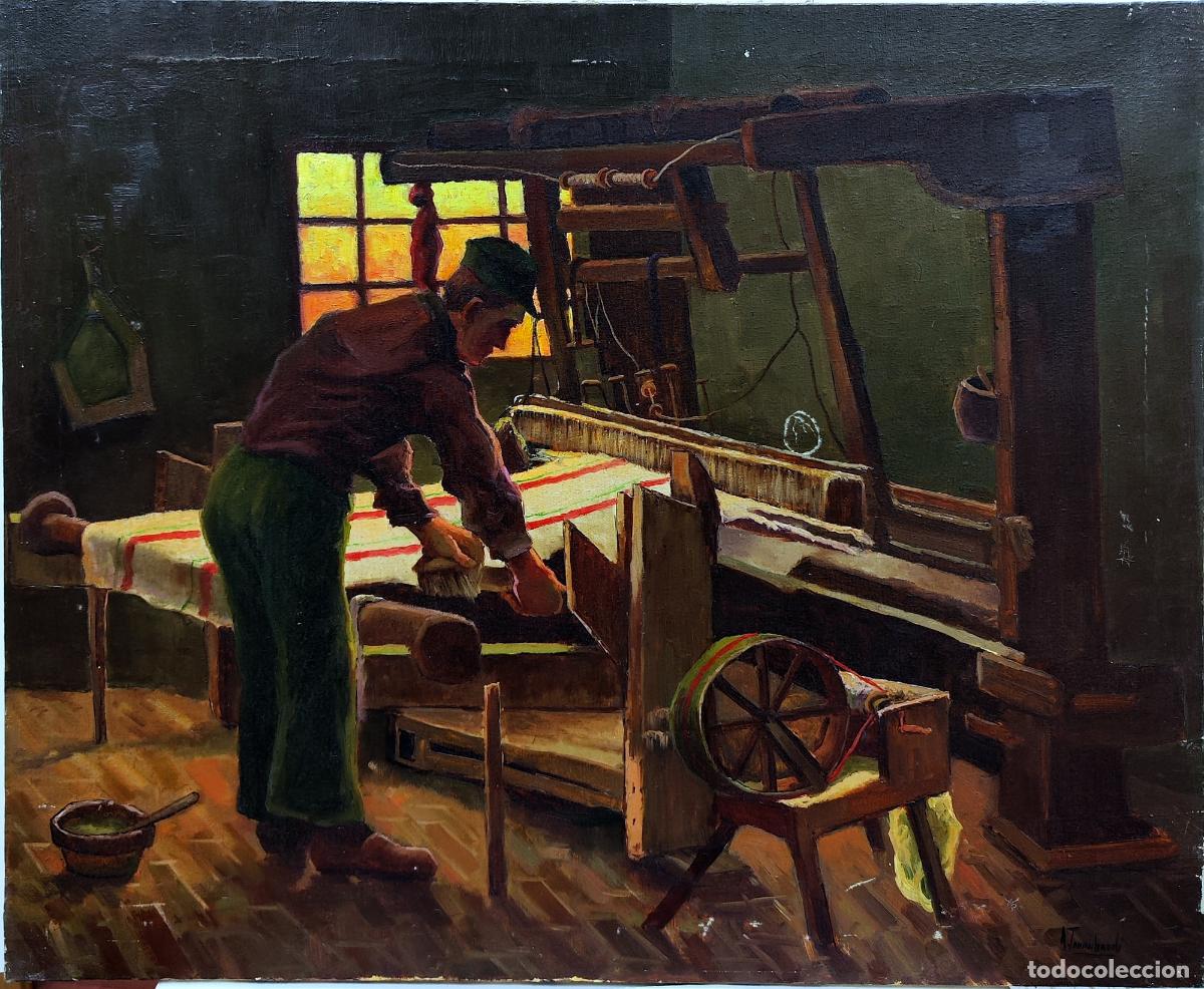 Arte: &Oacute;leo sobre lienzo. Tejedor. Amado Torres Echandi. 73x60 cm