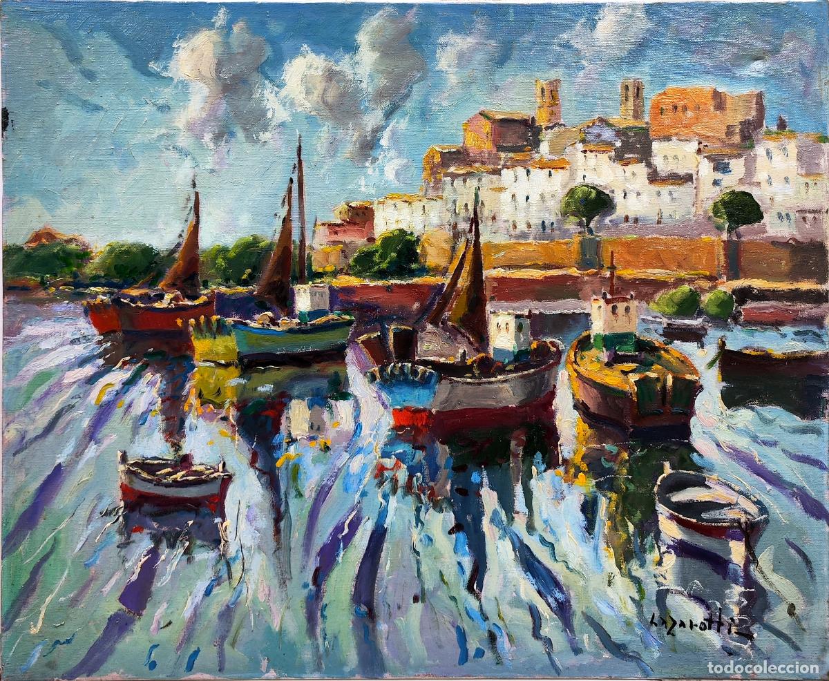 Arte: &Oacute;leo de Lazzaroti. Puerto con barcas. 73 x 60 cm