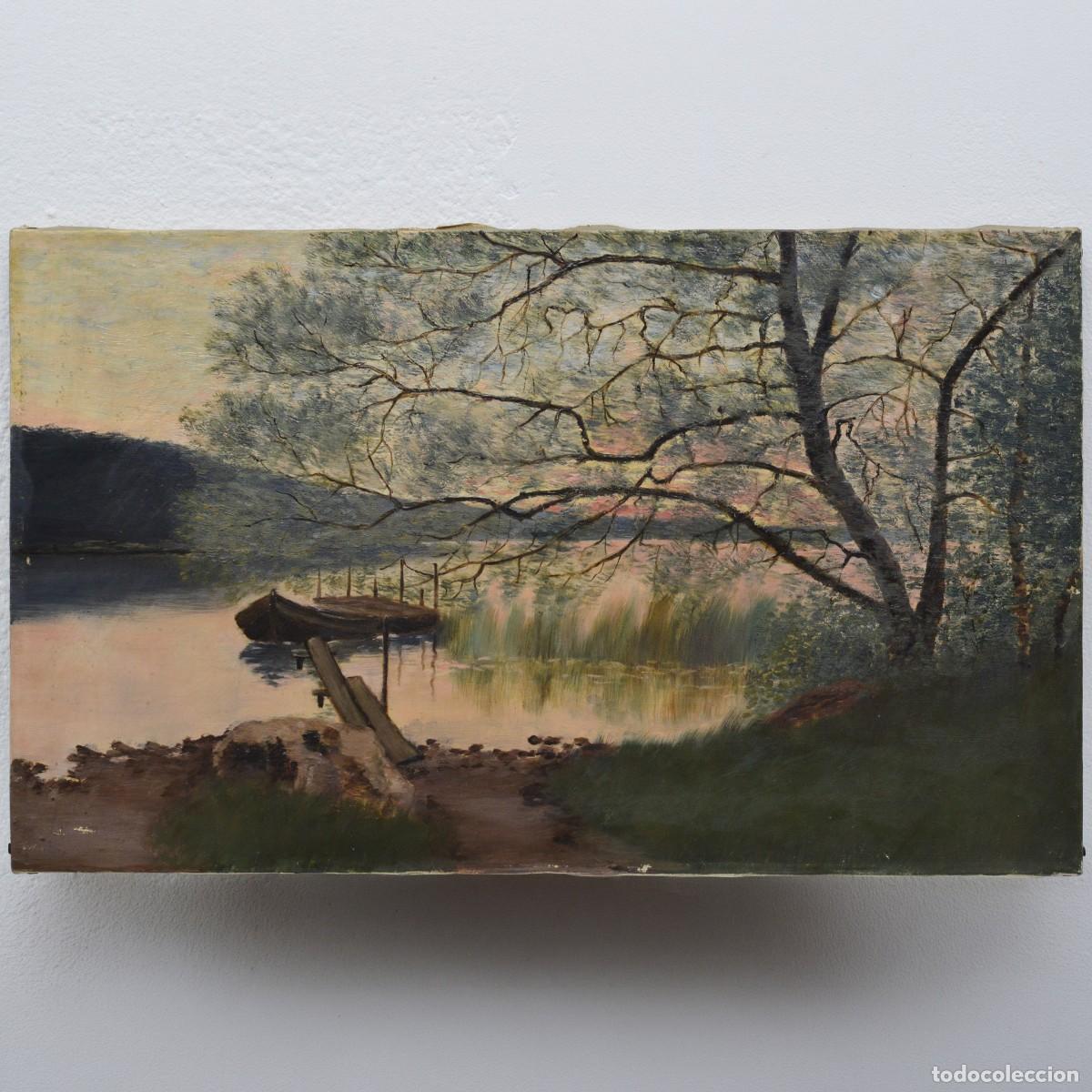 Arte: 19th Century Scandinavian Romantic Twilight Lake Landscape Oil Canvas