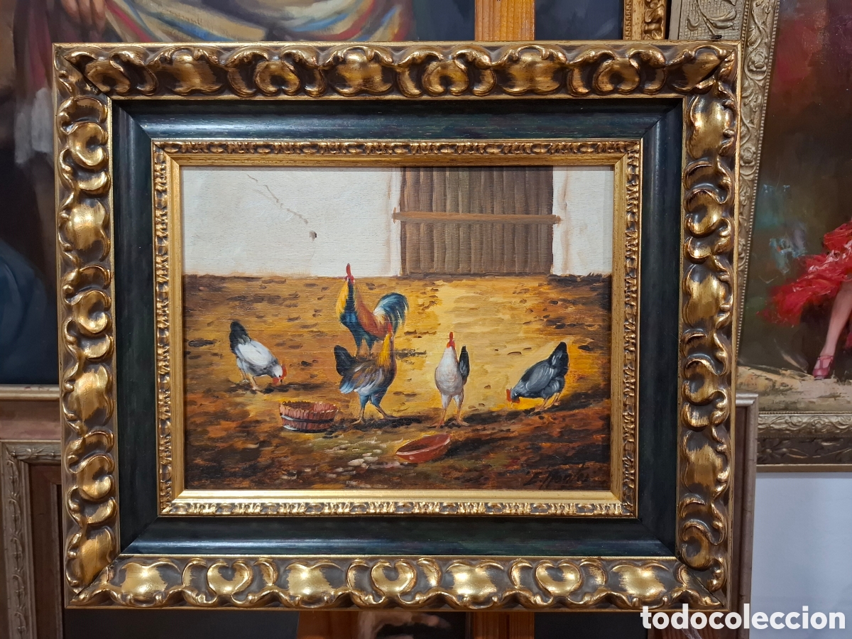 Arte: Oleo sobre tabla gallinitas enrique monte 45x37