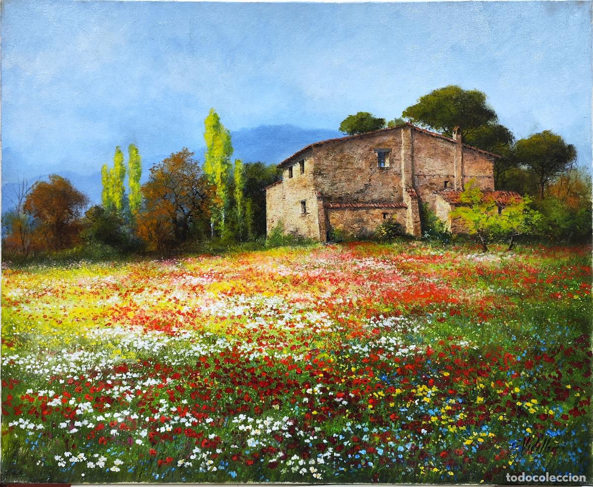 Arte: &Oacute;leo. Paisaje con mas&iacute;a y campo de flores. Francesc Vidaller. 73x60