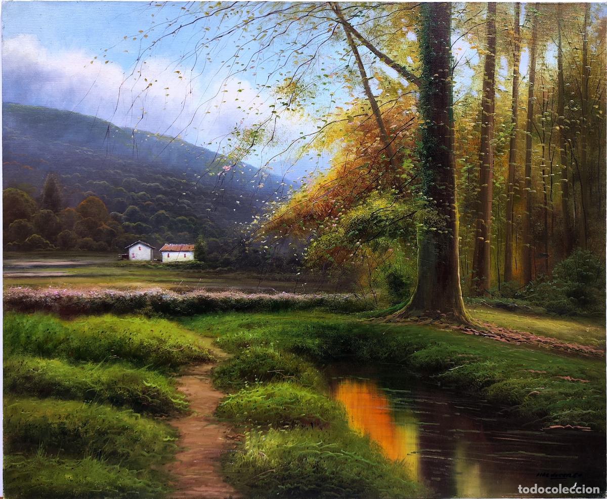 Arte: &Oacute;leo sobre lienzo. Paisaje con casas. D&iacute;az de Cereo. 73x60 cm