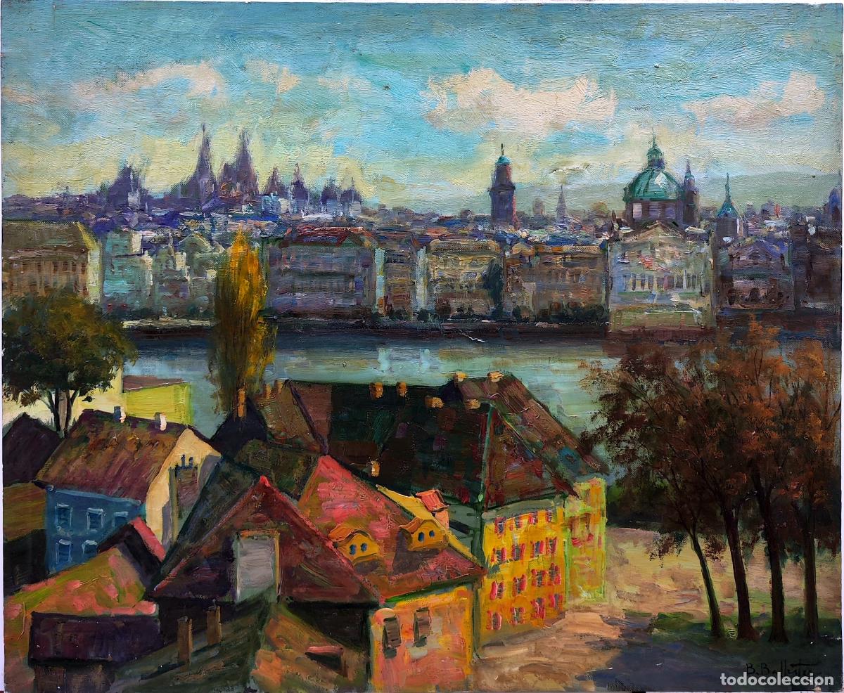Arte: &Oacute;LEO. VISTA DE PRAGA. FIRMADO B BALLESTER. 73x60 CM