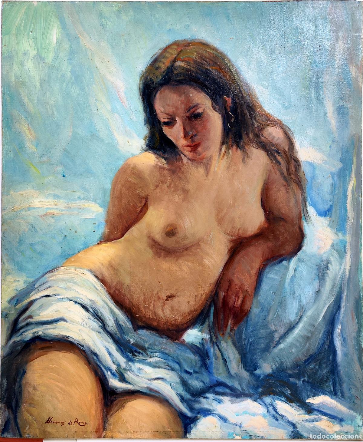 Arte: &Oacute;leo sobre lienzo. Nude femenino. Josep Lloveras y Feliu. 60x73 cm