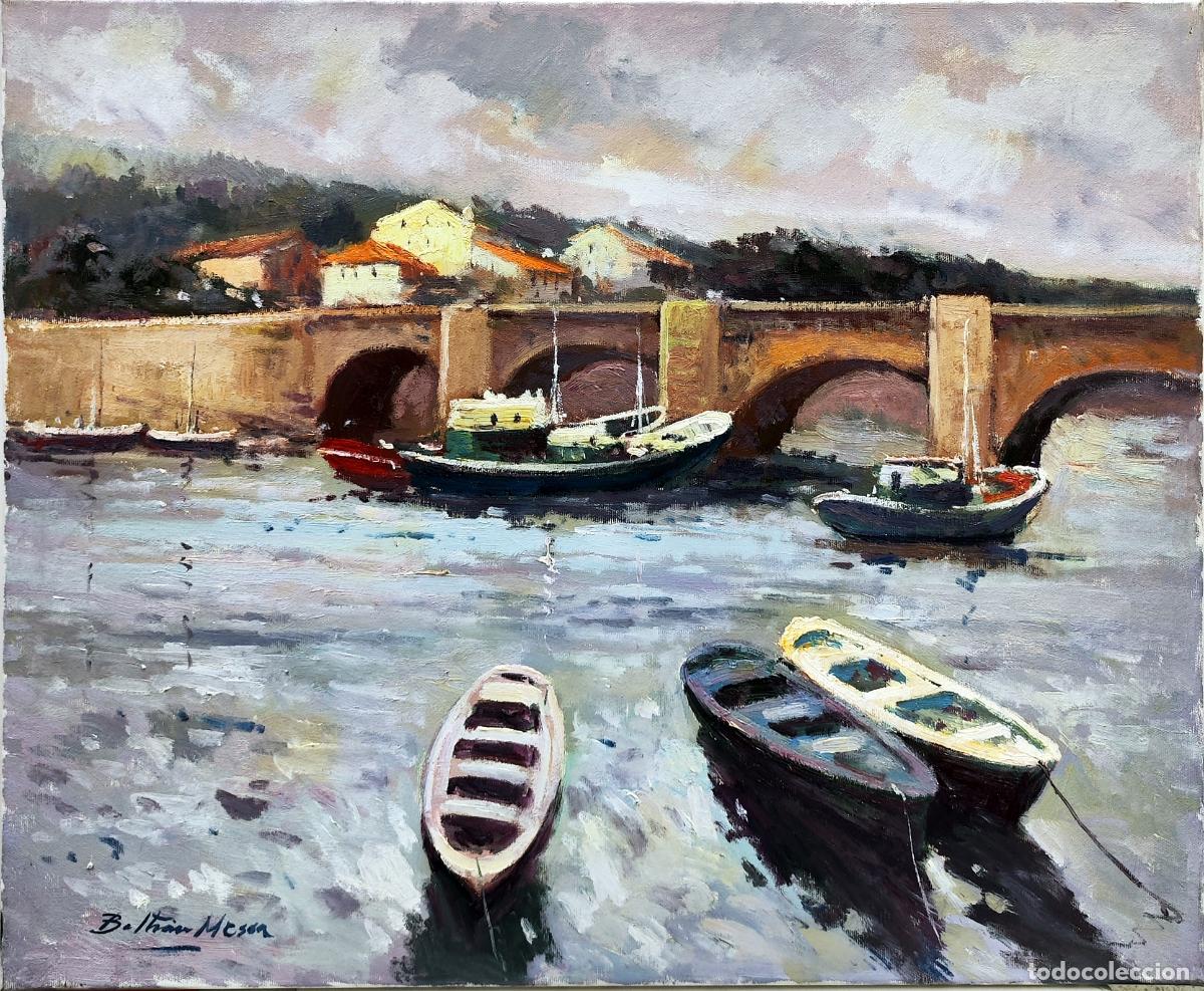 Arte: &Oacute;leo de Enric Beltr&aacute;n Messa. Barcos y puente. 73 x 60 cm